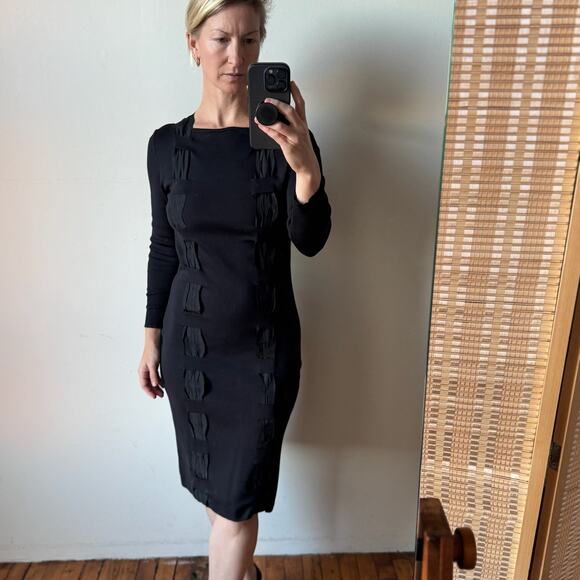 Vintage AKRIS for Bergdorf Goodman Silk Knit Knee Length Ribbon Dress - Picture 1 of 12